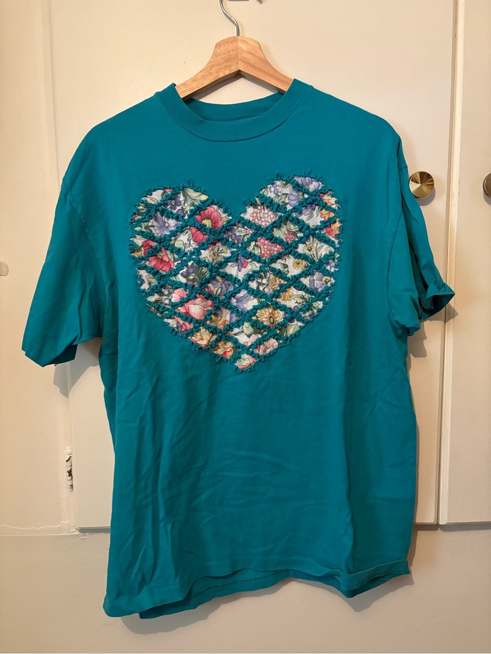 Hanes Teal Short Sleeve Tee with Floral Heart Patch